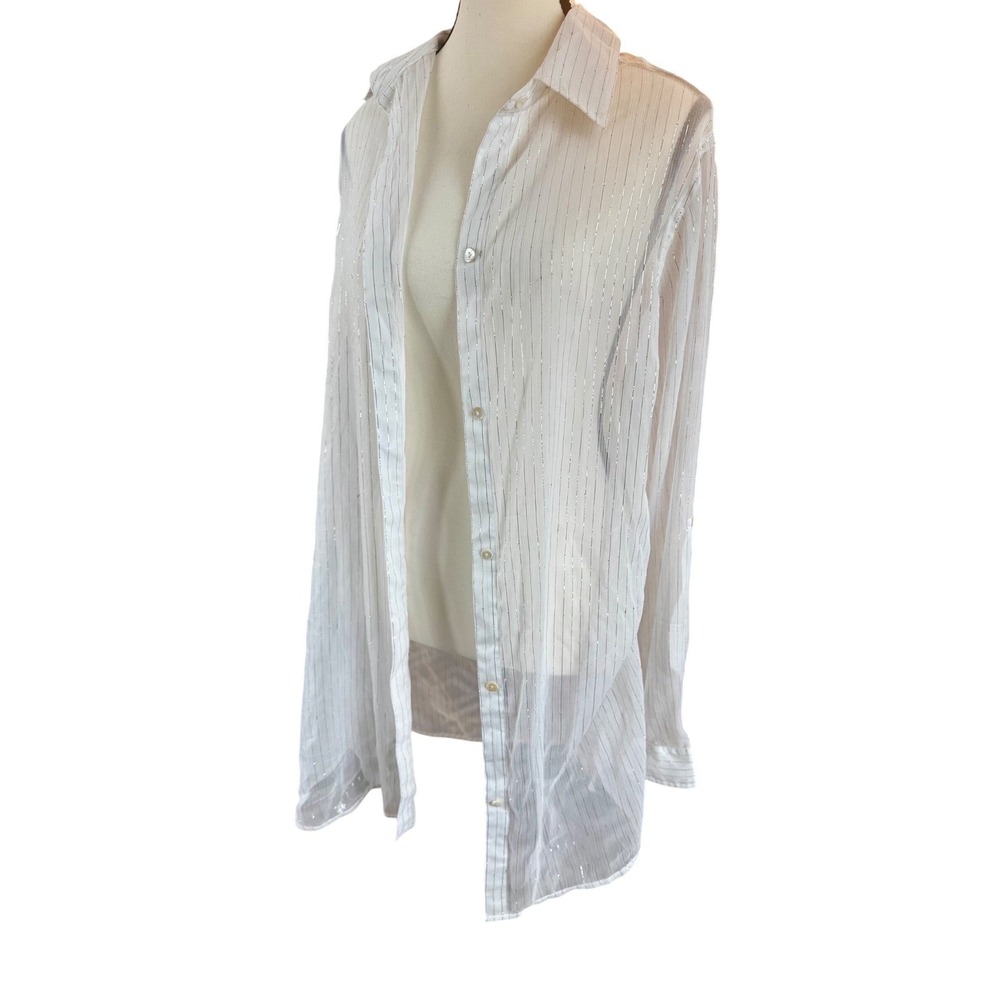 Sheer White along Tunic Top Button-Up Siver Metallic Thread Striped Kenneth Cole